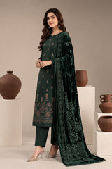 Forest Green embroidered winter suit with velvet shawl, front view styled on a model