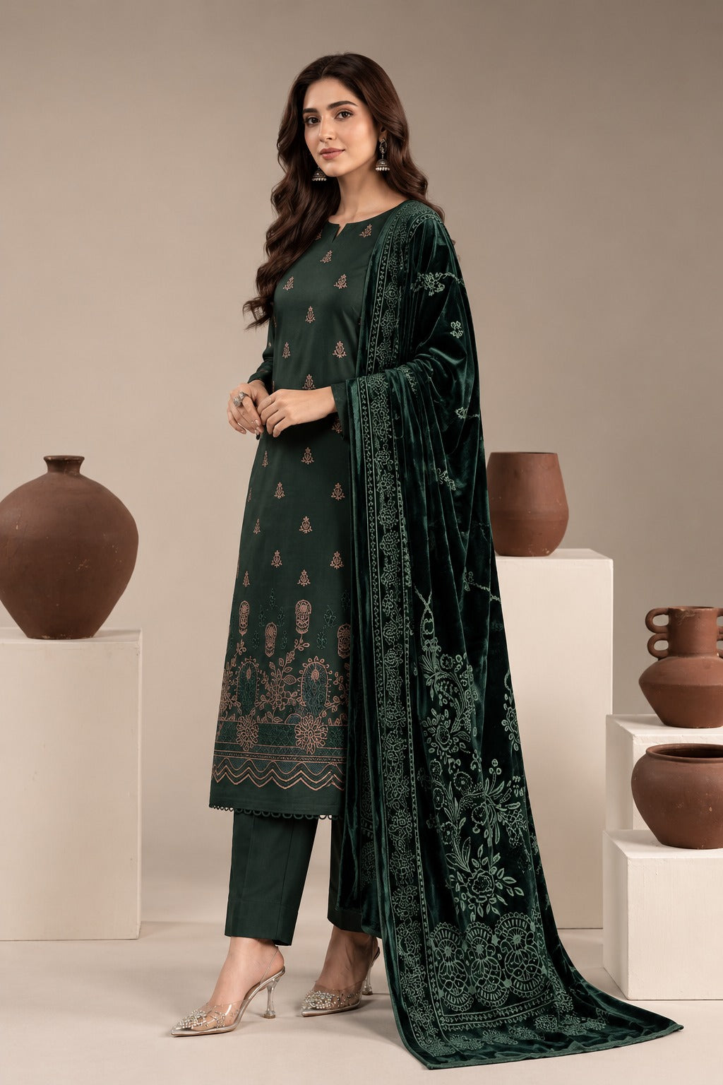 Forest Green embroidered winter suit with velvet shawl, front view styled on a model