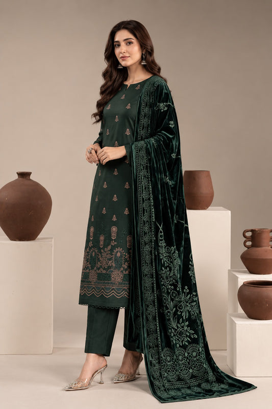 Forest Green embroidered winter suit with velvet shawl, front view styled on a model