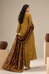 Mustard Gold embroidered winter suit with velvet shawl, back view styled on a model