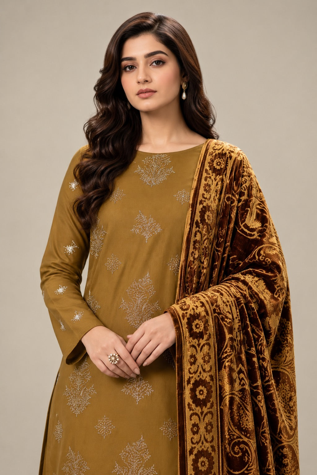 Mustard Gold embroidered winter suit with velvet shawl, embroidery and shawl close-up