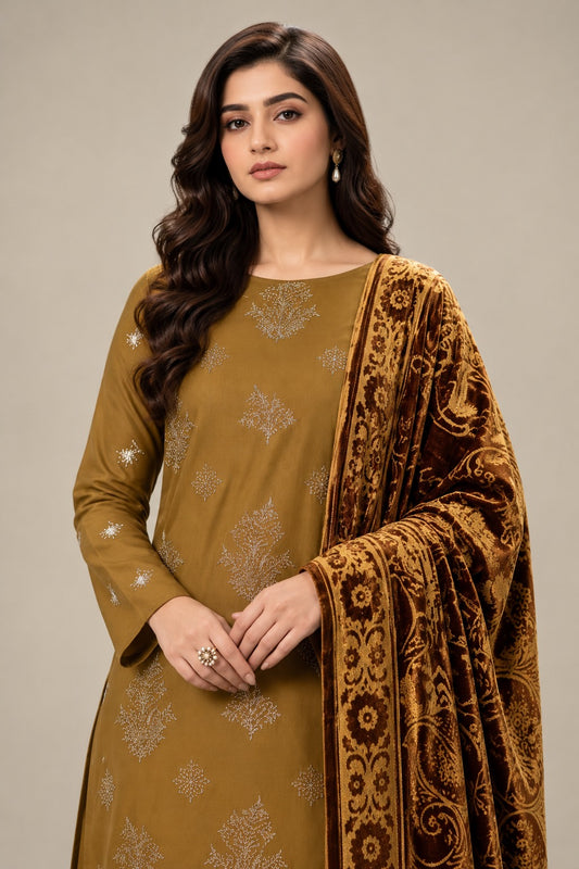 Mustard Gold embroidered winter suit with velvet shawl, embroidery and shawl close-up