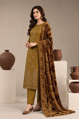 Mustard Gold embroidered winter suit with velvet shawl, front view styled on a model