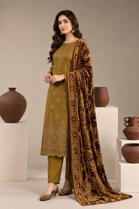 Mustard Gold embroidered winter suit with velvet shawl, front view styled on a model