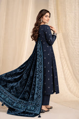 Navy Blue embroidered winter suit with velvet shawl, back view styled on a model