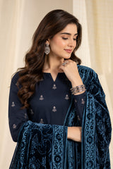 Navy Blue embroidered winter suit with velvet shawl, embroidery and shawl close-up