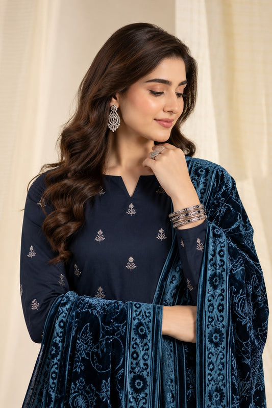 Navy Blue embroidered winter suit with velvet shawl, embroidery and shawl close-up