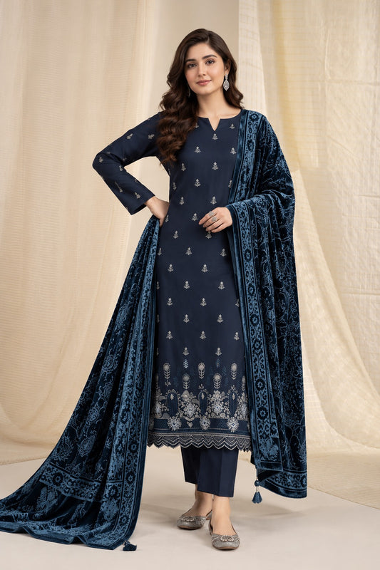 Navy Blue embroidered winter suit with velvet shawl, front view styled on a model