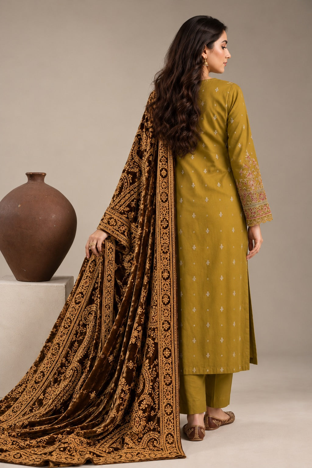 Olive Mustard embroidered winter suit with velvet shawl, back view styled on a model