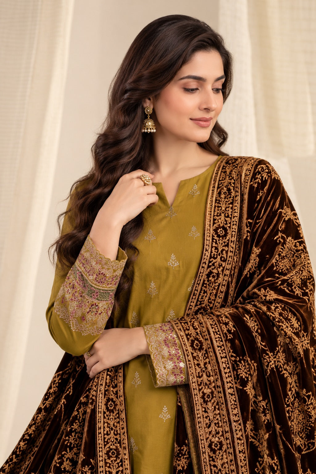 Olive Mustard embroidered winter suit with velvet shawl, embroidery and shawl close-up