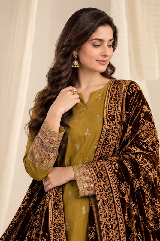 Olive Mustard embroidered winter suit with velvet shawl, embroidery and shawl close-up
