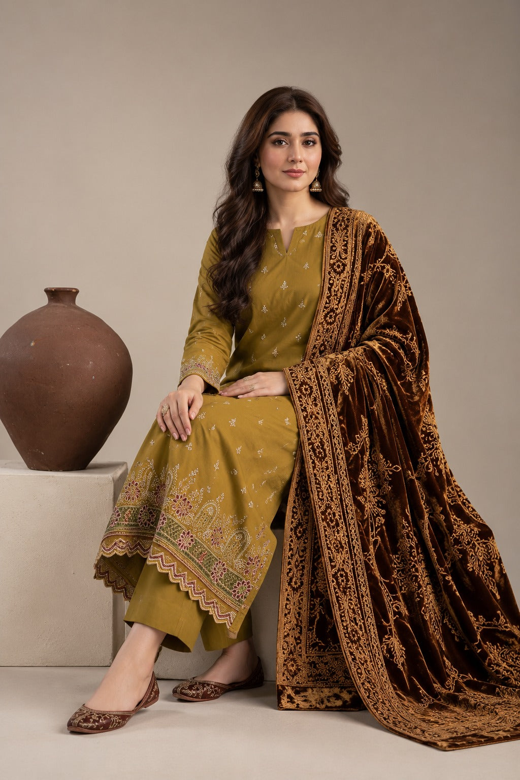 Olive Mustard embroidered winter suit with velvet shawl, front view styled on a model